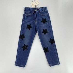 Monnalisa Girls NWT Designer Jeans Appliqué Embroidered Star Adjustable Sz 116